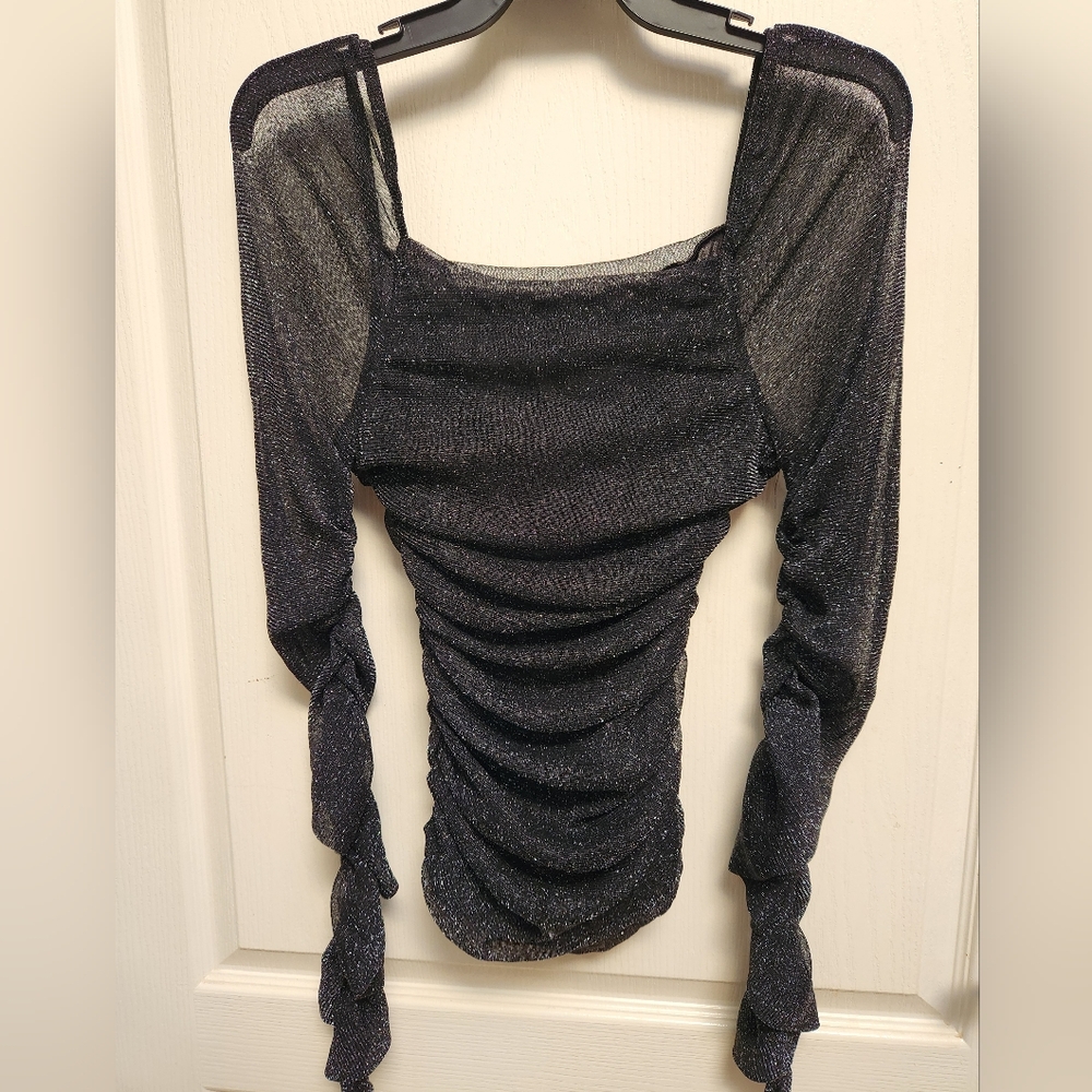 Chic Black Ruched  Shimmery Women's Blouse